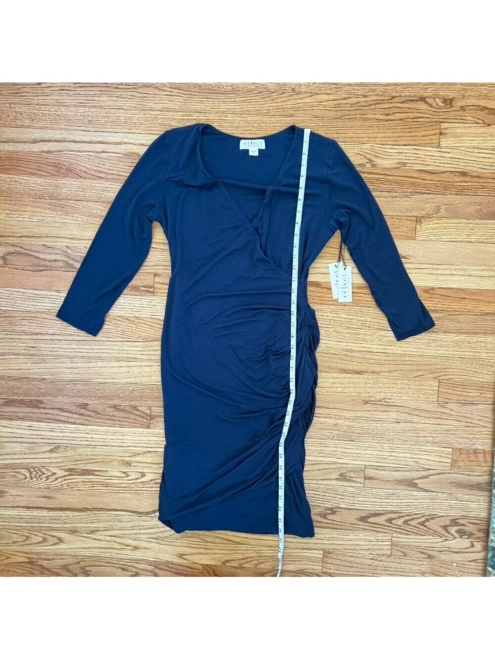 NWT Velvet Navy Faux Wrap Midi Dress M Ruched Modest Special Occasion Classic - Picture 11 of 11